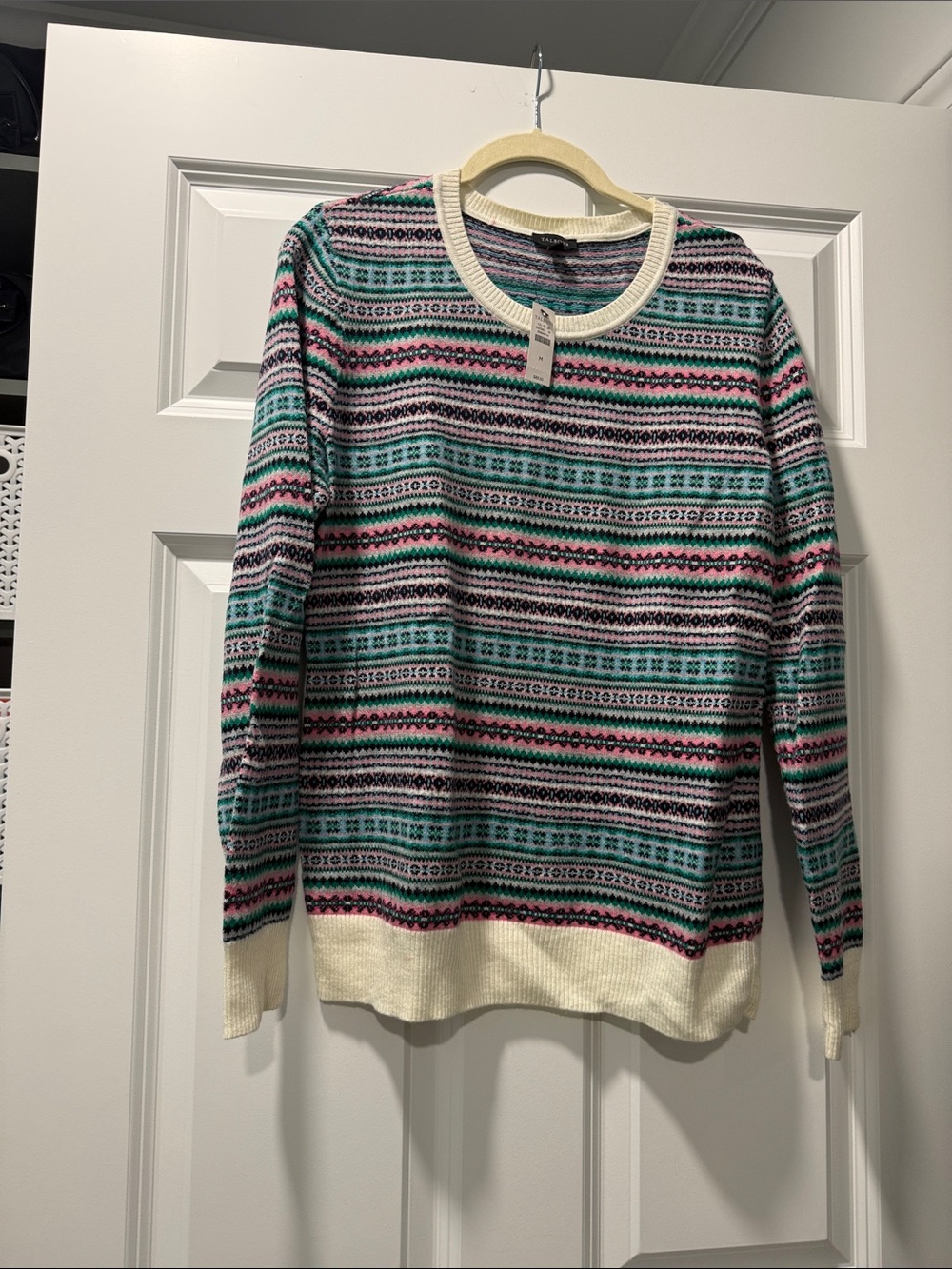 Talbots Fair Isle Crewneck Sweater in Cream, Teal & Pink medium NWT